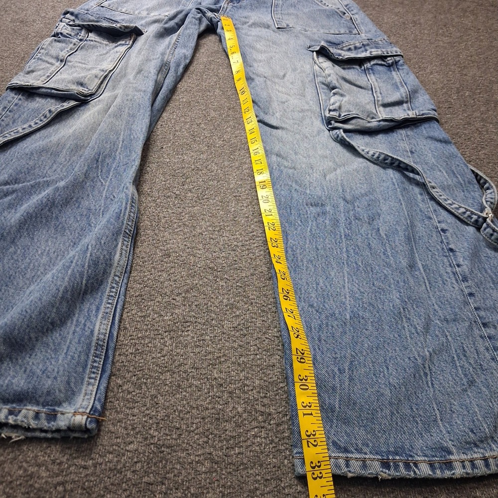 Zara Light Wash Blue Baggy Wide Leg Cargo Jeans Multi Pocket Straps Size 30 / 8 - Picture 5 of 14